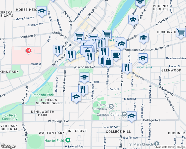 map of restaurants, bars, coffee shops, grocery stores, and more near 298 East Park Avenue in Waukesha