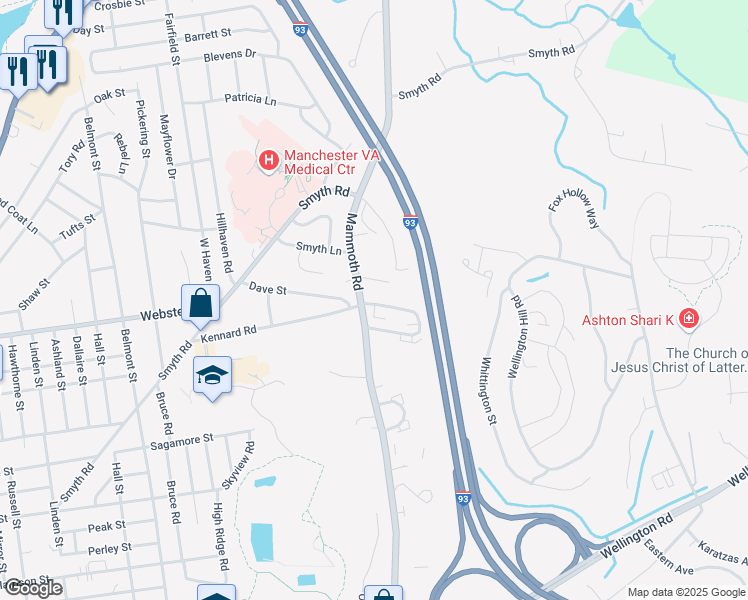 map of restaurants, bars, coffee shops, grocery stores, and more near 44 Croteau Court in Manchester