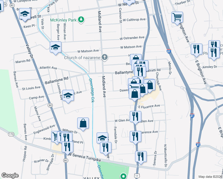 map of restaurants, bars, coffee shops, grocery stores, and more near 143 Slayton Avenue in Syracuse