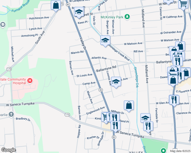 map of restaurants, bars, coffee shops, grocery stores, and more near 719 Valley Drive in Syracuse
