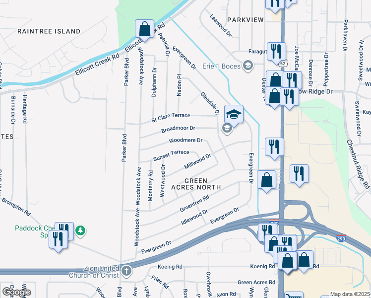 map of restaurants, bars, coffee shops, grocery stores, and more near 108 Woodmere Drive in Tonawanda