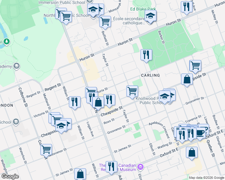 map of restaurants, bars, coffee shops, grocery stores, and more near 676 Victoria Street in London
