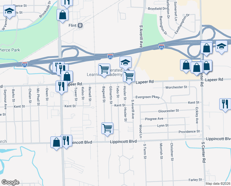 map of restaurants, bars, coffee shops, grocery stores, and more near 3402 Lapeer Road in Flint