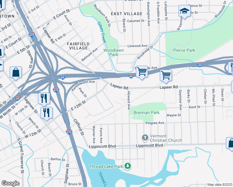 map of restaurants, bars, coffee shops, grocery stores, and more near 722 East 12th Street in Flint
