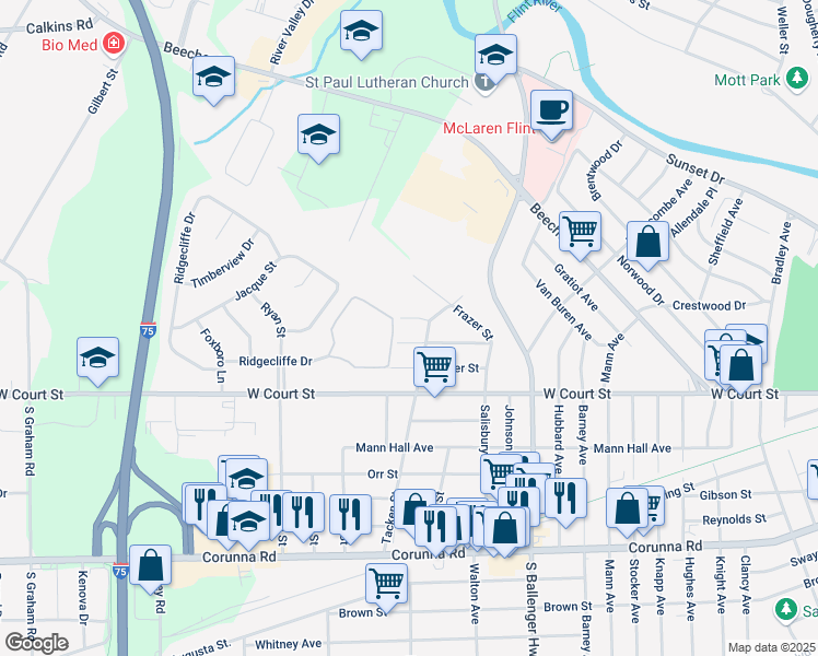map of restaurants, bars, coffee shops, grocery stores, and more near 4019 Frazer Street in Flint