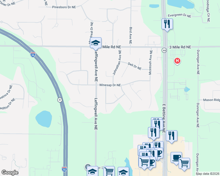 map of restaurants, bars, coffee shops, grocery stores, and more near 2861 Winesap Drive Northeast in Grand Rapids