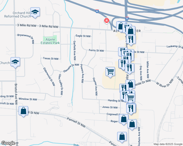 map of restaurants, bars, coffee shops, grocery stores, and more near 1031 Gaynor Court Northwest in Grand Rapids