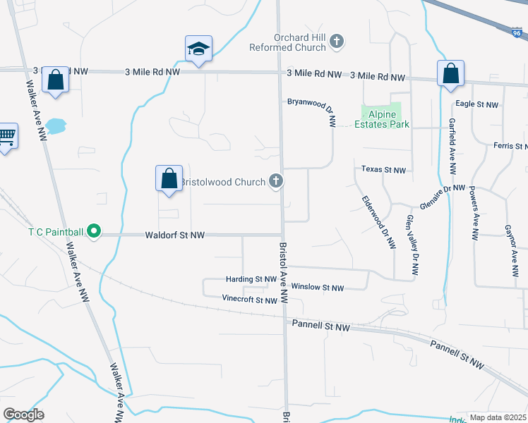 map of restaurants, bars, coffee shops, grocery stores, and more near 1665 Sandra Street Northwest in Grand Rapids