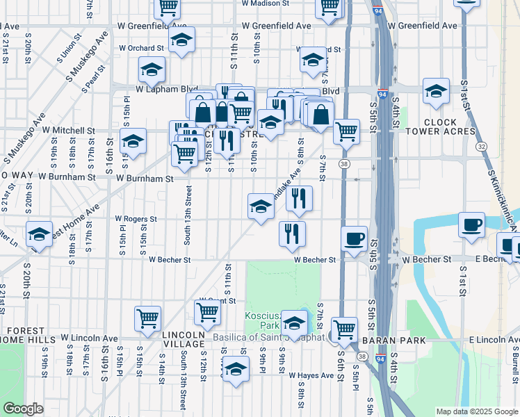 map of restaurants, bars, coffee shops, grocery stores, and more near 1930 South 10th Street in Milwaukee