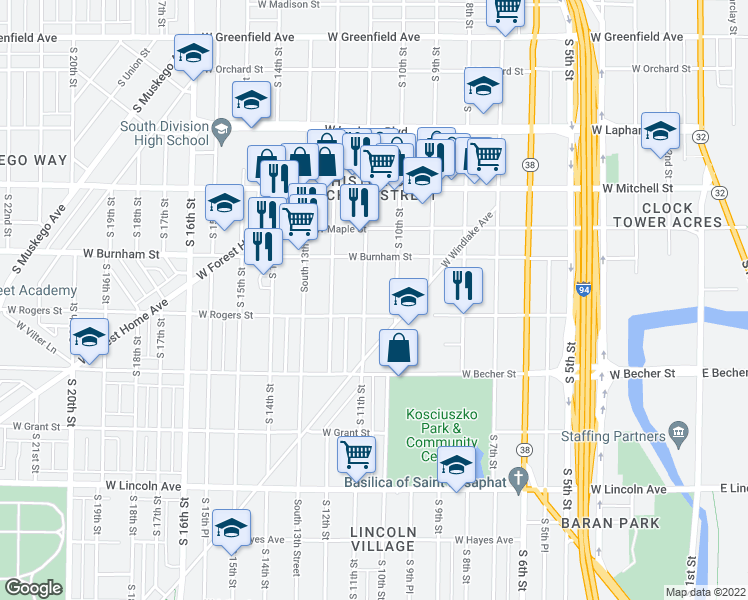 map of restaurants, bars, coffee shops, grocery stores, and more near 1930 South 11th Street in Milwaukee