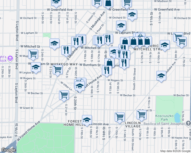map of restaurants, bars, coffee shops, grocery stores, and more near 1940 South Winona Lane in Milwaukee
