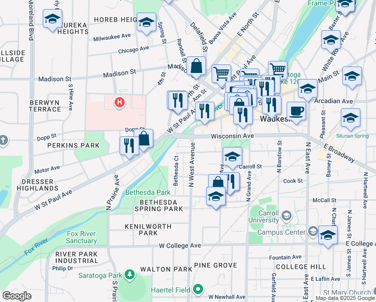 map of restaurants, bars, coffee shops, grocery stores, and more near 519 Wisconsin Avenue in Waukesha