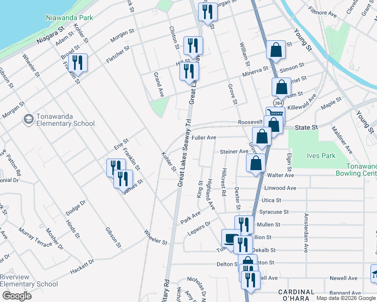 map of restaurants, bars, coffee shops, grocery stores, and more near 385 Main Street in Tonawanda