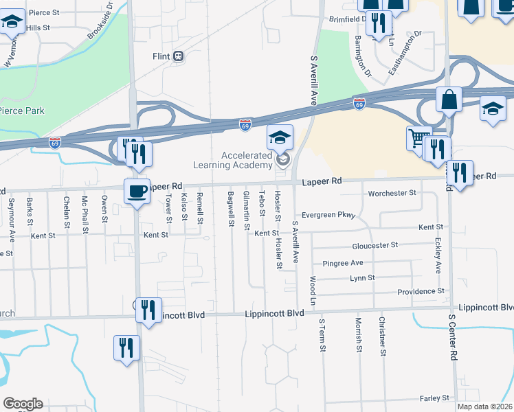 map of restaurants, bars, coffee shops, grocery stores, and more near 3402 Lapeer Road in Flint