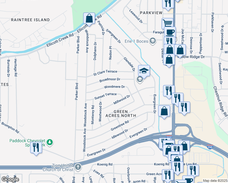 map of restaurants, bars, coffee shops, grocery stores, and more near 108 Woodmere Drive in Tonawanda