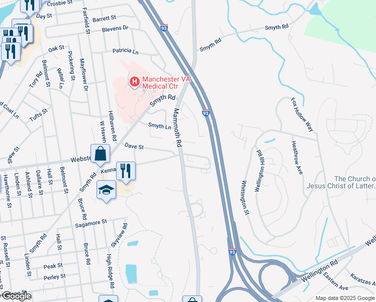 map of restaurants, bars, coffee shops, grocery stores, and more near 44 Croteau Court in Manchester