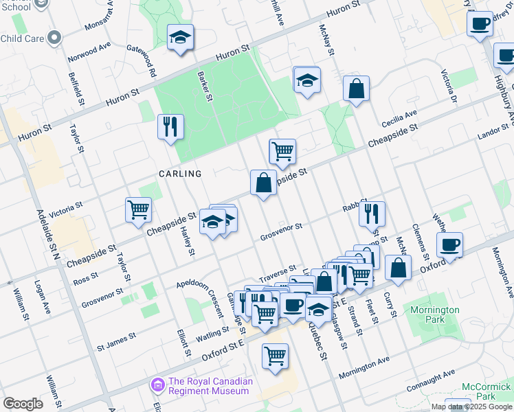 map of restaurants, bars, coffee shops, grocery stores, and more near 143 Barker Street in London
