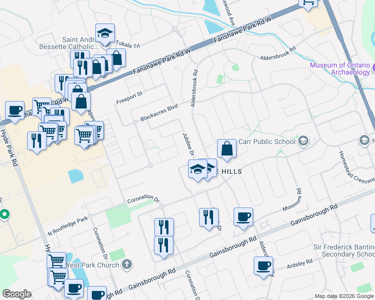 map of restaurants, bars, coffee shops, grocery stores, and more near 1803 Jubilee Drive in London