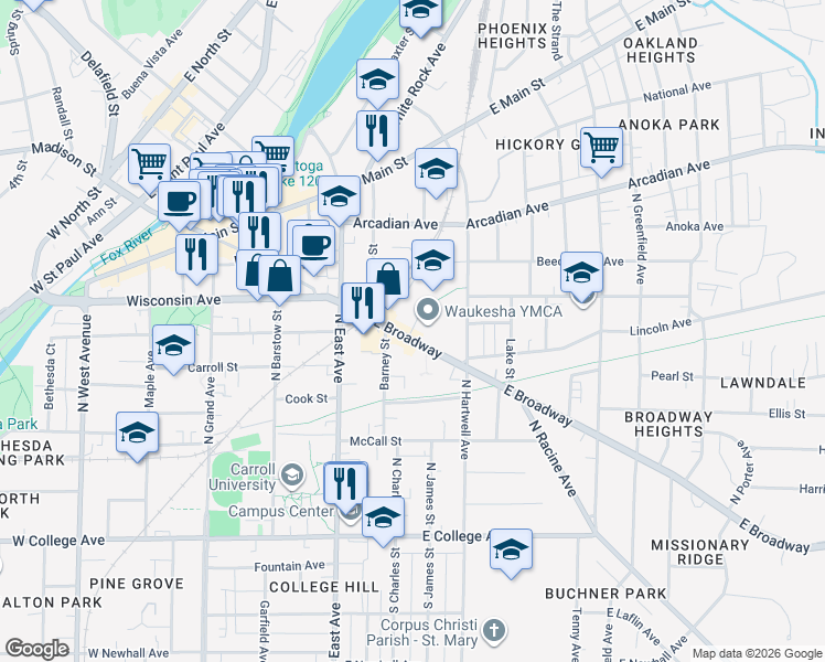 map of restaurants, bars, coffee shops, grocery stores, and more near Post Office Circle in Waukesha
