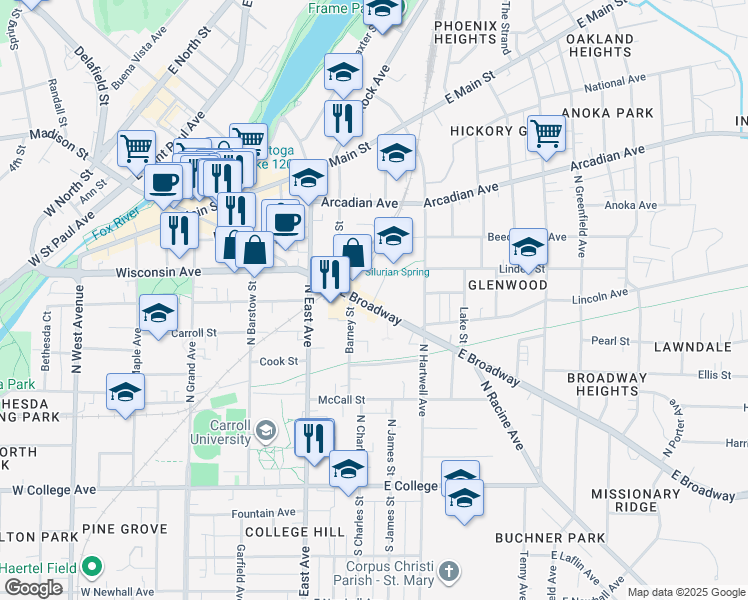 map of restaurants, bars, coffee shops, grocery stores, and more near Post Office Circle in Waukesha