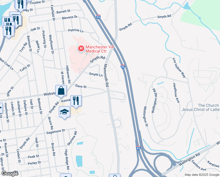 map of restaurants, bars, coffee shops, grocery stores, and more near 1060 Mammoth Road in Manchester