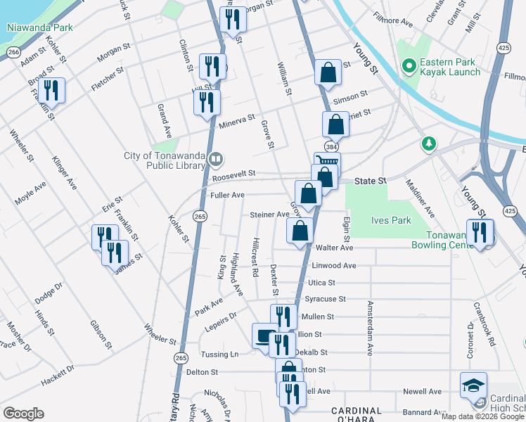 map of restaurants, bars, coffee shops, grocery stores, and more near 23 Fuller Avenue in Tonawanda