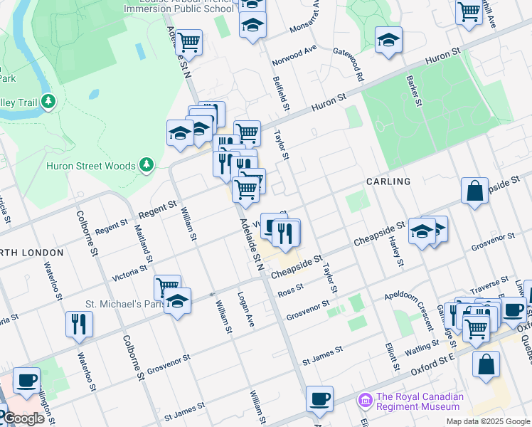 map of restaurants, bars, coffee shops, grocery stores, and more near 638 Victoria Street in London