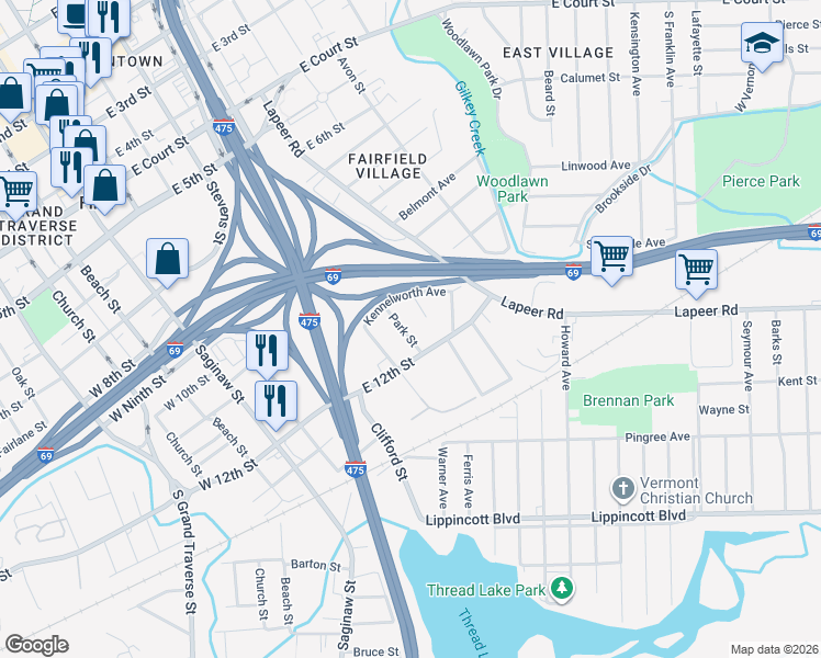 map of restaurants, bars, coffee shops, grocery stores, and more near 1613 Broad Court in Flint
