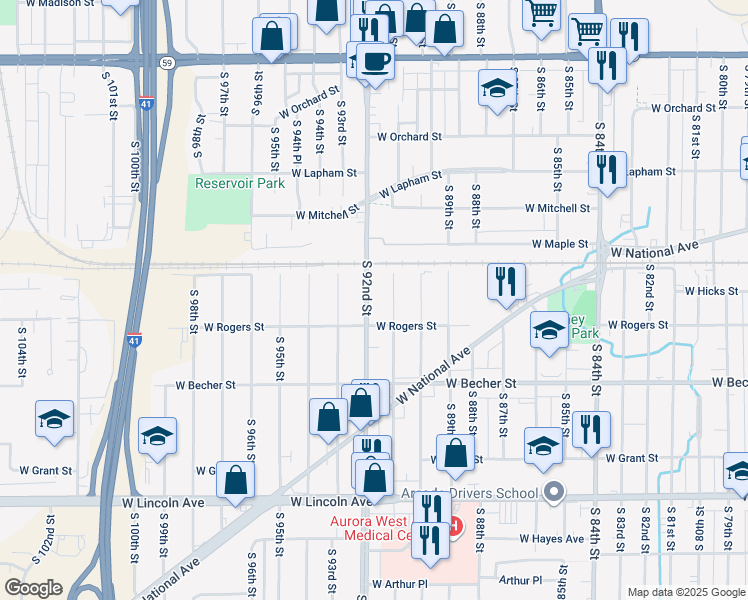 map of restaurants, bars, coffee shops, grocery stores, and more near 1915 South 92nd Street in West Allis
