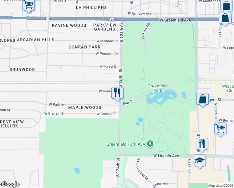 map of restaurants, bars, coffee shops, grocery stores, and more near 1905 South 124th Street in New Berlin