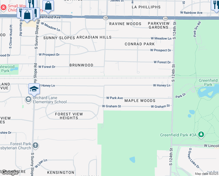 map of restaurants, bars, coffee shops, grocery stores, and more near 13120 West Honey Lane in New Berlin
