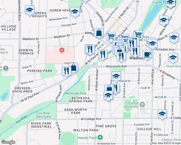 map of restaurants, bars, coffee shops, grocery stores, and more near 519 Wisconsin Avenue in Waukesha