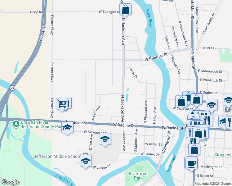 map of restaurants, bars, coffee shops, grocery stores, and more near 617 Masonic Boulevard in Jefferson