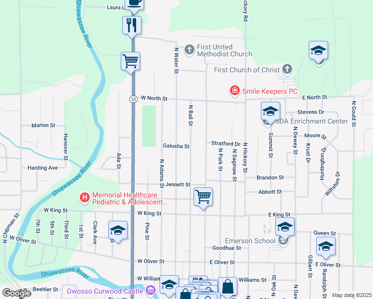 map of restaurants, bars, coffee shops, grocery stores, and more near 1206 North Water Street in Owosso