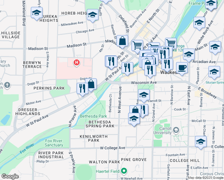 map of restaurants, bars, coffee shops, grocery stores, and more near 519 Wisconsin Avenue in Waukesha