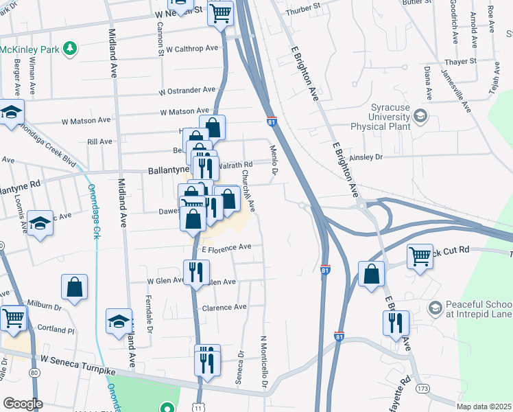 map of restaurants, bars, coffee shops, grocery stores, and more near 417 Churchill Avenue in Syracuse