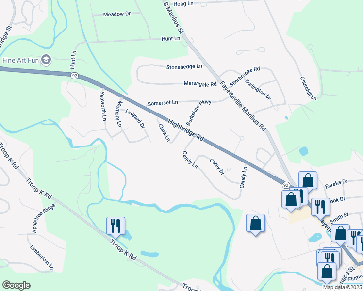 map of restaurants, bars, coffee shops, grocery stores, and more near 4890 Clark Lane in Manlius