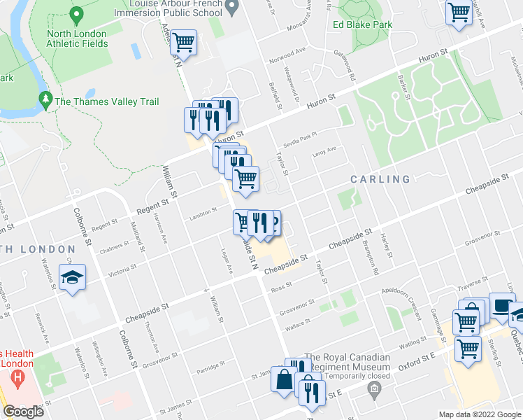 map of restaurants, bars, coffee shops, grocery stores, and more near 638 Victoria Street in London