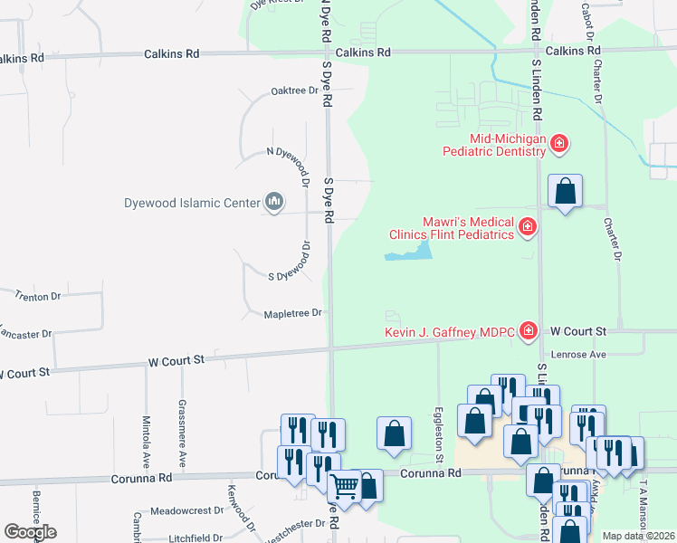 map of restaurants, bars, coffee shops, grocery stores, and more near 1249 South Dye Road in Flint