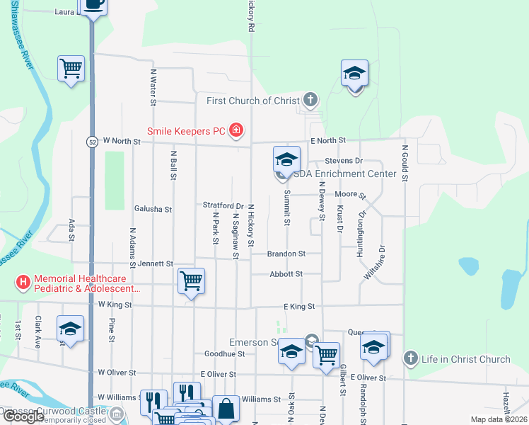 map of restaurants, bars, coffee shops, grocery stores, and more near 1107 Dingwall Drive in Owosso