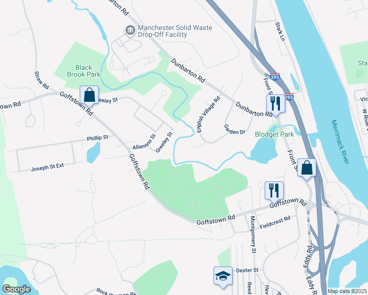 map of restaurants, bars, coffee shops, grocery stores, and more near 125 English Village Road in Manchester