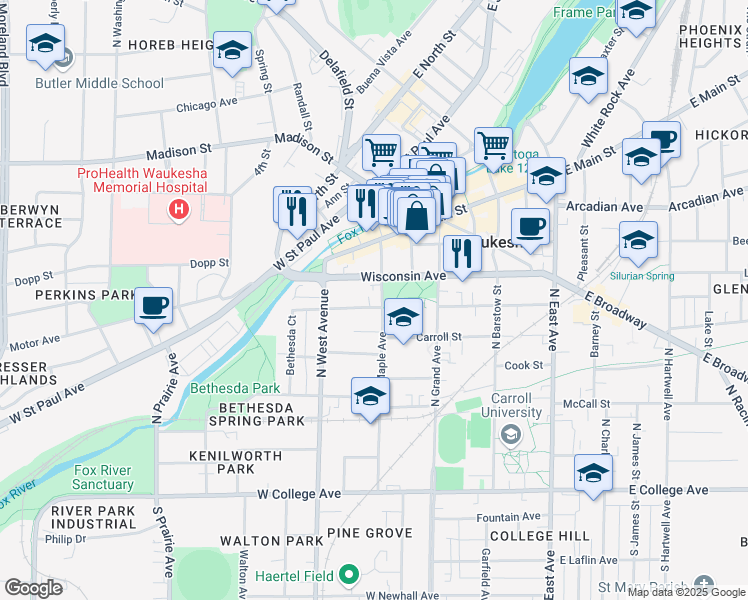 map of restaurants, bars, coffee shops, grocery stores, and more near 620 Maple Avenue in Waukesha