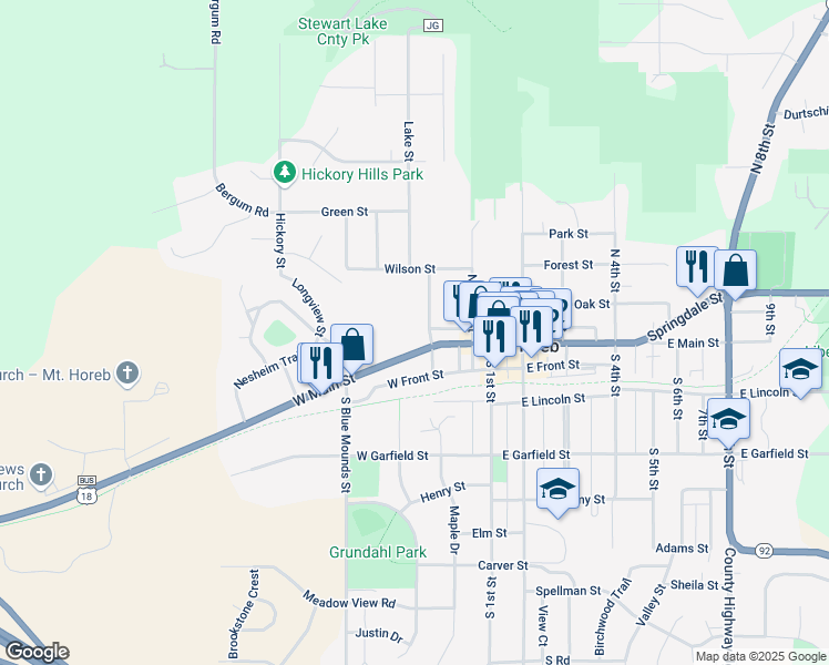 map of restaurants, bars, coffee shops, grocery stores, and more near 205 North Washington Street in Mount Horeb