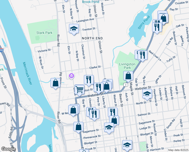 map of restaurants, bars, coffee shops, grocery stores, and more near 125 Ray Street in Manchester