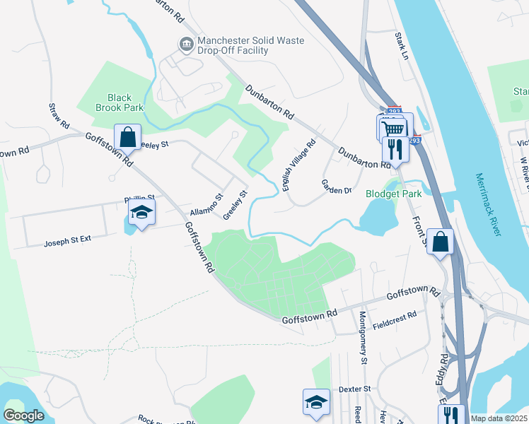 map of restaurants, bars, coffee shops, grocery stores, and more near 125 English Village Road in Manchester