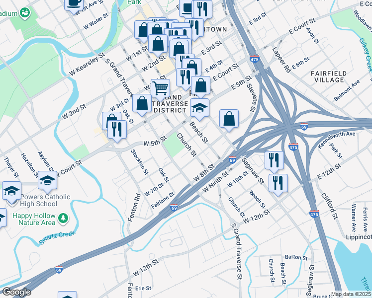 map of restaurants, bars, coffee shops, grocery stores, and more near 1111 Church Street in Flint
