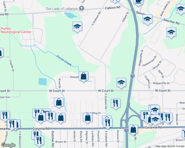 map of restaurants, bars, coffee shops, grocery stores, and more near 4064 Sheraton Drive in Flint