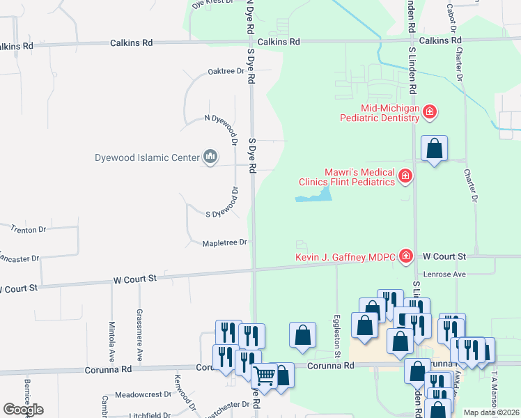 map of restaurants, bars, coffee shops, grocery stores, and more near 1249 South Dye Road in Flint