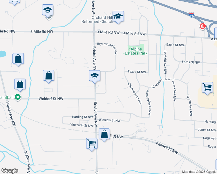 map of restaurants, bars, coffee shops, grocery stores, and more near 2501 Bristolwood Drive Northwest in Grand Rapids