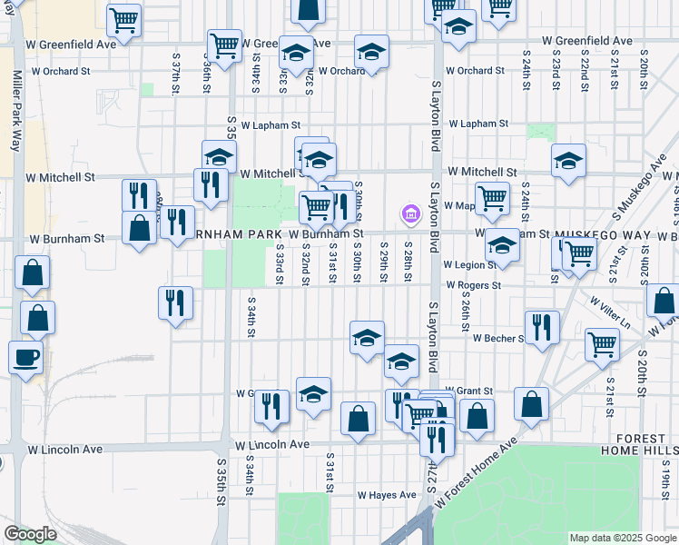 map of restaurants, bars, coffee shops, grocery stores, and more near 1934 South 31st Street in Milwaukee